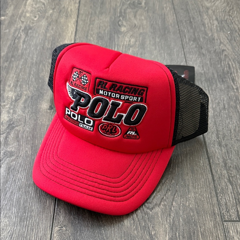 NEW Ralph Lauren RL Racing Motor Sport Trucking Hat - Adjustable - Red & Black